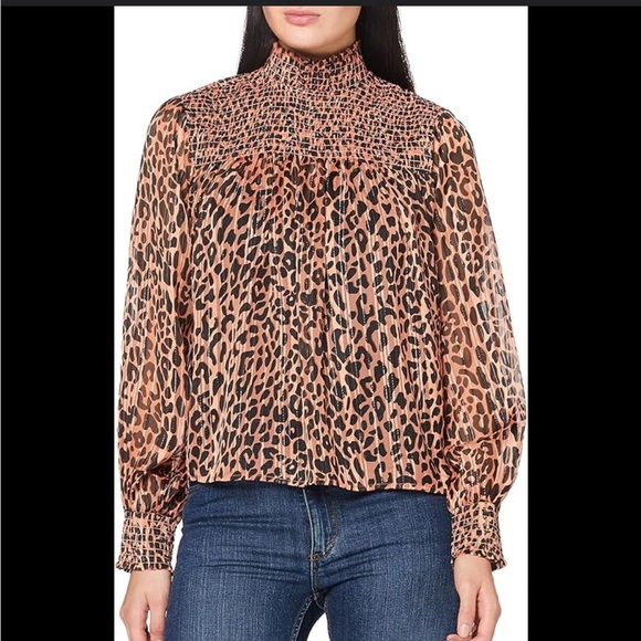 Scotch & Soda Leopard Smocked Blouse Silver Lurex Sparkle XL Top - Picture 1 of 10